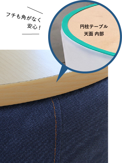 フチも角がなく安心! 円柱テーブル 天面 内部