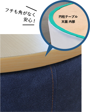 フチも角がなく安心！円柱テーブル天面 内部